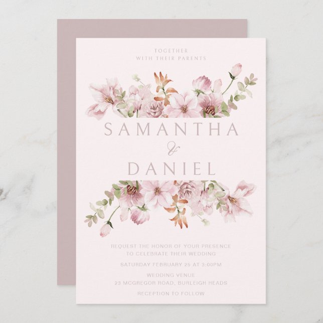 Modern Blush & Dusty Rose Floral Wedding Invitation (Front/Back)