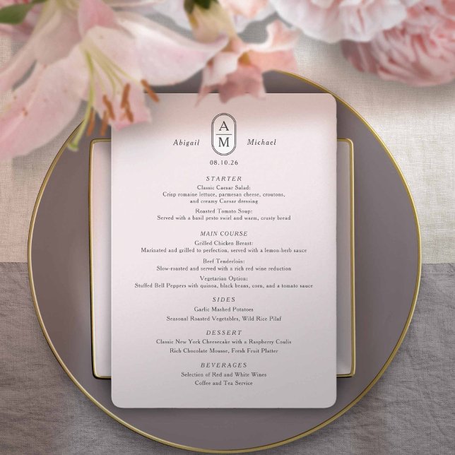 Modern blush elegant arch initials simple wedding menu (Creator Uploaded)