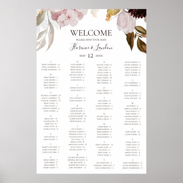 Modern Blush Floral | Alphabetical Seating Chart (Front)