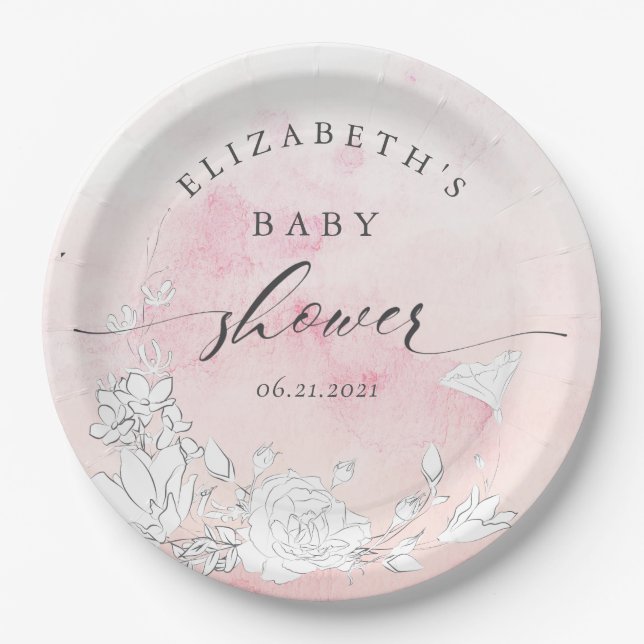 modern blush floral baby shower  paper plate (Front)