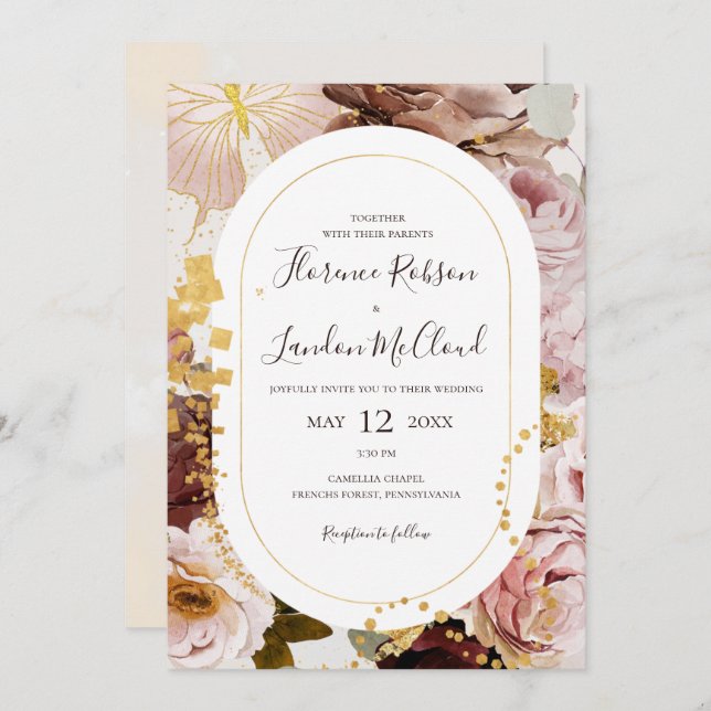 Modern Blush Floral | Marble Frame Casual Wedding Invitation (Front/Back)