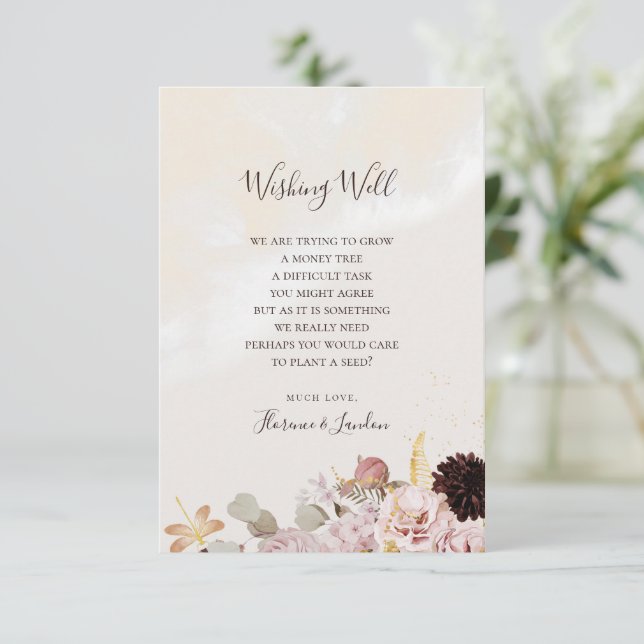 Modern Blush Floral | Marble Wedding Wishing Well Enclosure Card (Standing Front)