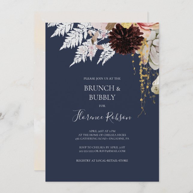 Modern Blush Floral | Navy Brunch and Bubbly Invitation (Front/Back)