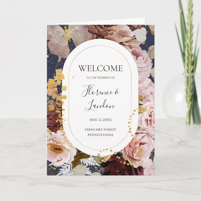 Modern Blush Floral | Navy Folded Wedding Program (Front)