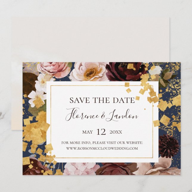 Modern Blush Floral | Navy Horizontal Save The Dat Date (Front/Back)
