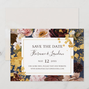 Modern Blush Floral   Navy Horizontal Save The Dat Date