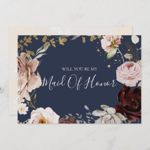 Modern Blush Floral   Navy Maid Of Honour Card