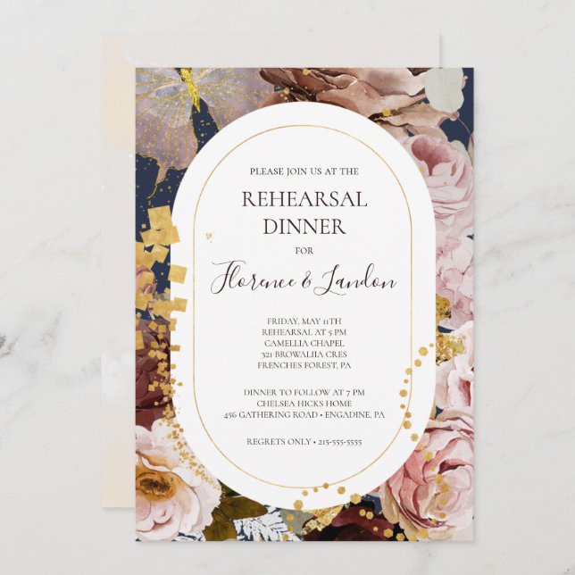 Modern Blush Floral | Navy Rehearsal Dinner Invitation (Front/Back)