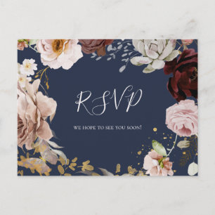 Modern Blush Floral   Navy Song Request RSVP Postcard