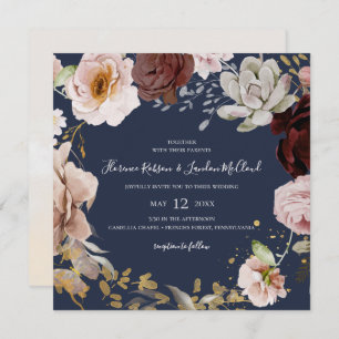 Modern Blush Floral   Navy Square Wreath Wedding Invitation