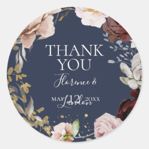 Modern Blush Floral   Navy Thank You Wedding Favou Classic Round Sticker
