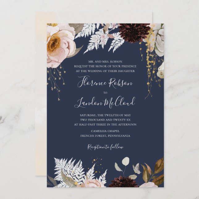 Modern Blush Floral | Navy Traditional Wedding Invitation (Front/Back)