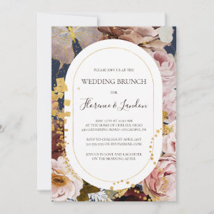 Modern Blush Floral   Navy Wedding Brunch Invitation