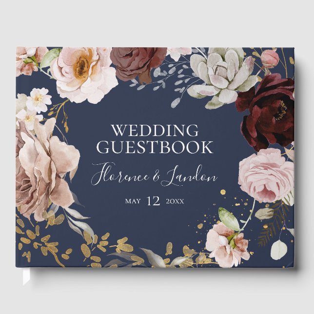 Modern Blush Floral | Navy Wedding Guest Book (Front)