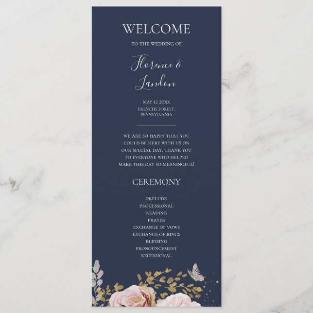 Modern Blush Floral | navy wedding program (Front)