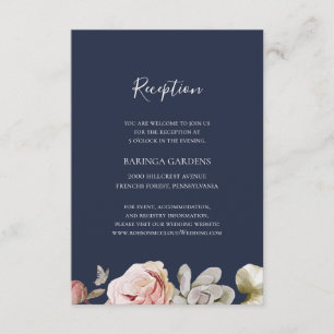 Modern Blush Floral   Navy Wedding Reception Enclosure Card