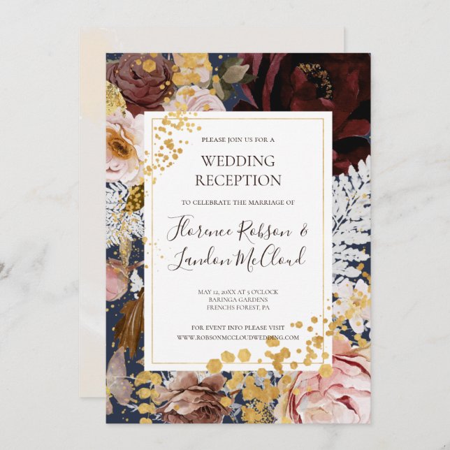 Modern Blush Floral | Navy Wedding Reception Invitation (Front/Back)