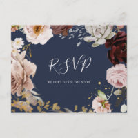Modern Blush Floral | Navy Wedding RSVP Postcard
