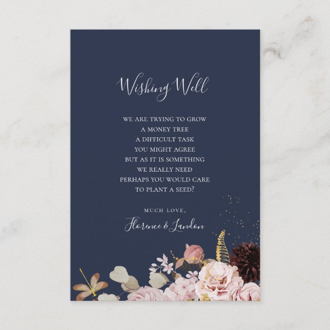 Modern Blush Floral | Navy Wedding Wishing Well Enclosure Card (Front)