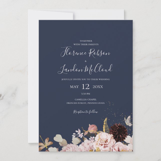 Modern Blush Floral | Simple Casual Navy Wedding Invitation (Front)