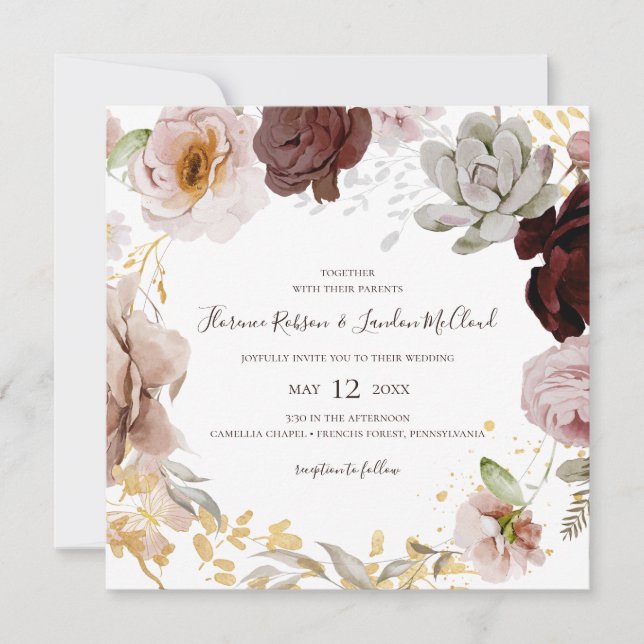 Modern Blush Floral | Square Wreath Wedding Invitation (Front)