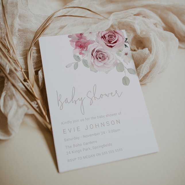 Modern Blush Floral Watercolor Roses Baby Shower Invitation (Creator Uploaded)