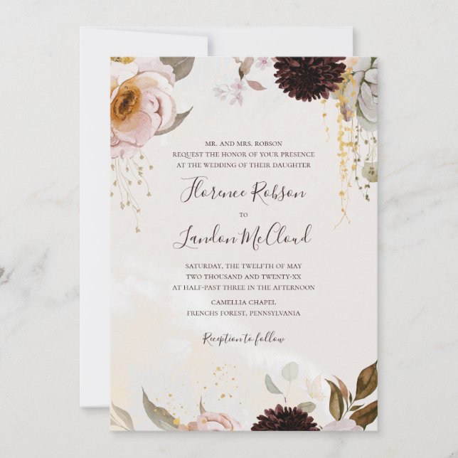 Modern Blush Floral Watercolor Traditional Wedding Invitation (Front)