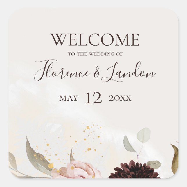 Modern Blush Floral | Watercolor Wedding Welcome Square Sticker (Front)
