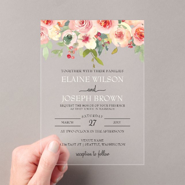 Modern Blush Floral Wedding  Acrylic Invitations (Insitu (Handheld))