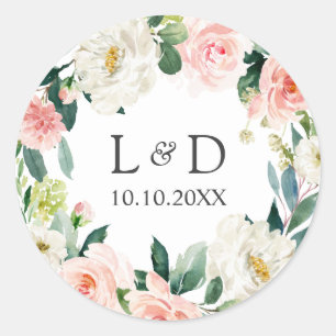 Modern Blush  Floral Wedding Classic Monogram Round Sticker