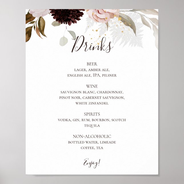 Modern Blush Floral | Wedding Drinks Menu Sign (Front)