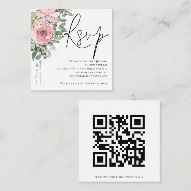 Modern Blush Florals Script QR Code Wedding RSVP  Enclosure Card (Front/Back)