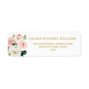 Modern blush   Flowers and foliage  Gold Wedding Return Address Label