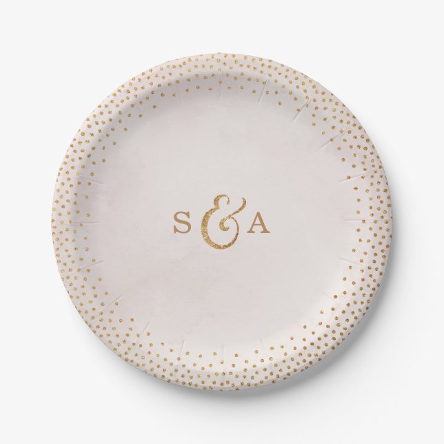 Modern blush glitter rose gold wedding monogram paper plate (Front)