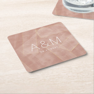 modern blush gold abstract monogram square paper coaster