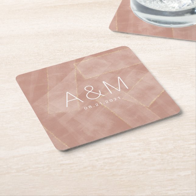 modern blush gold abstract monogram square paper coaster (Angled)