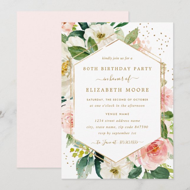 Modern Blush Gold Floral 80th Birthday Invitation (Front/Back)