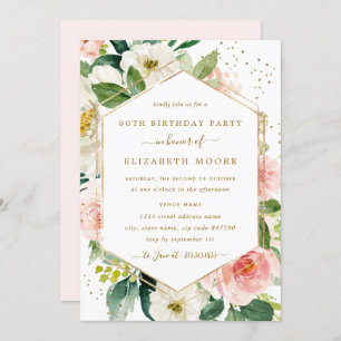 Modern Blush Gold Floral 90th Birthday Invitation