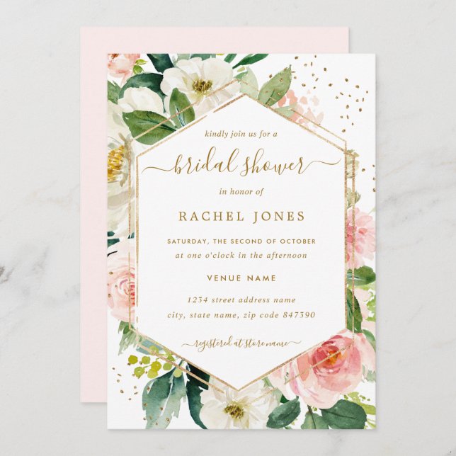 Modern Blush Gold Floral Bridal Shower Invitation (Front/Back)