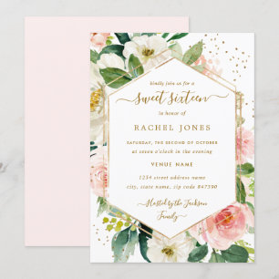 Modern Blush Gold Floral Watercolor Sweet Sixteen Invitation