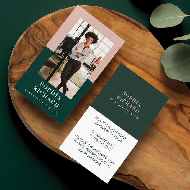 Modern Blush & Green Professional Business Photo Business Card (Creator Uploaded)