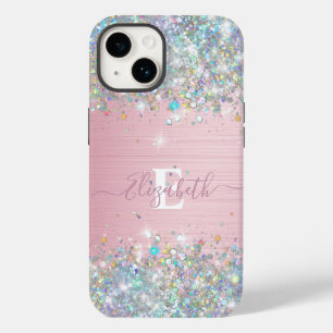 Modern Blush Holographic Faux Glitter Monogram Case-Mate iPhone 14 Case