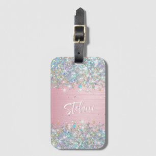 Modern Blush Holographic Faux Glitter Monogram Luggage Tag