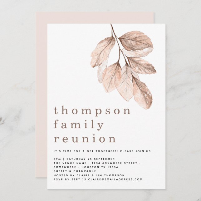 Modern Blush Leaves Family Reunion Party Invitation (Front/Back)