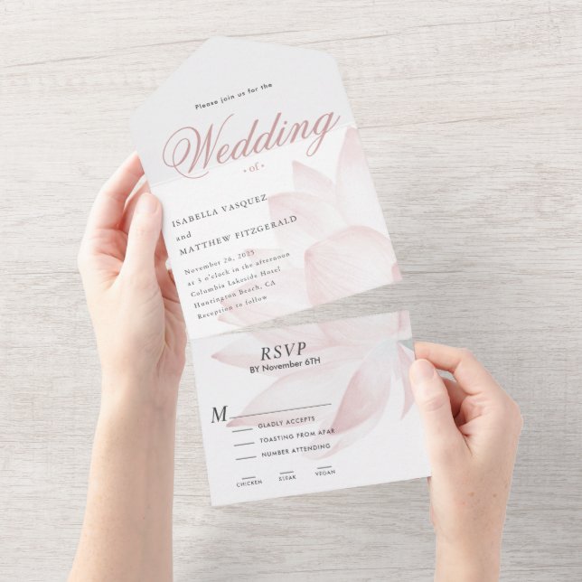 Modern Blush Lotus Floral Wedding  All In One  Invitation (Tearaway)