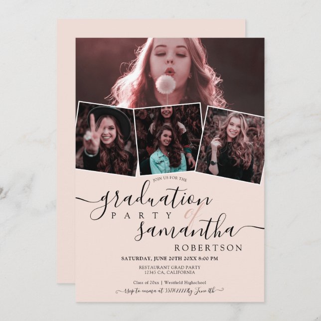 Modern blush minimalist script 4 photos graduation invitation (Front/Back)
