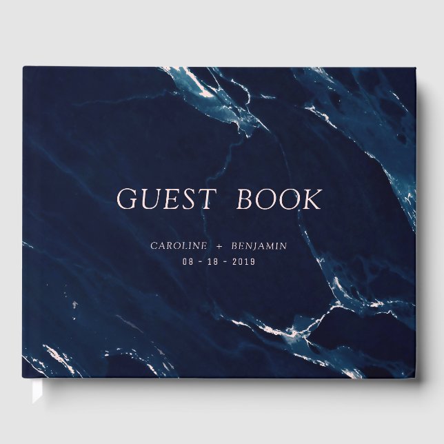 Modern blush navy marble wedding guest book (Front)