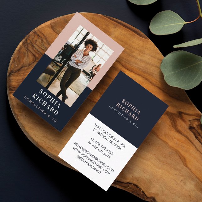Modern Blush & Navy Professional Business Photo Business Card (Creator Uploaded)