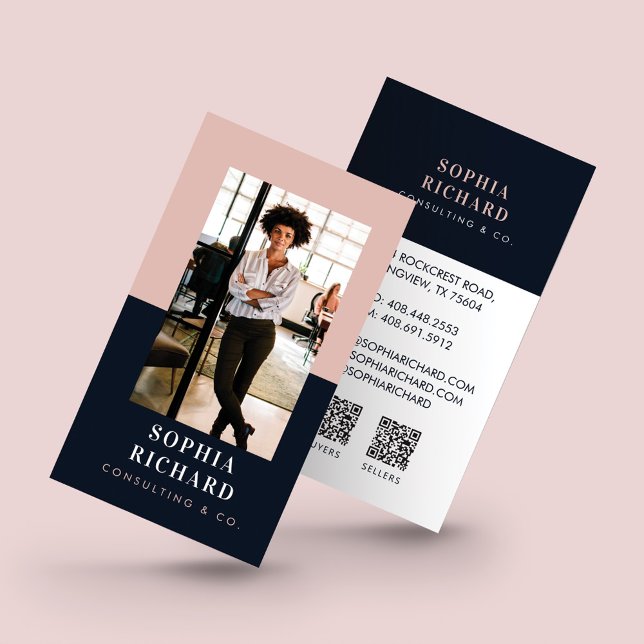 Modern Blush & Navy Professional Business Photo QR Business Card (Creator Uploaded)