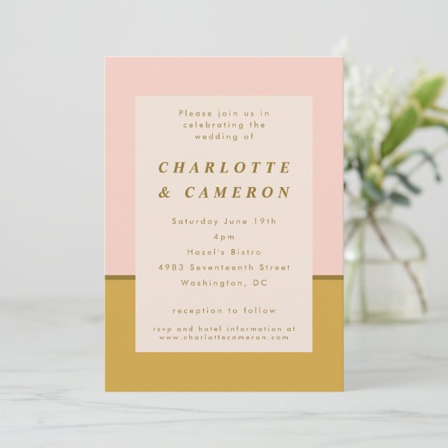 Modern Blush Ochre Colour Block All-In-One Wedding Invitation (Standing Front)